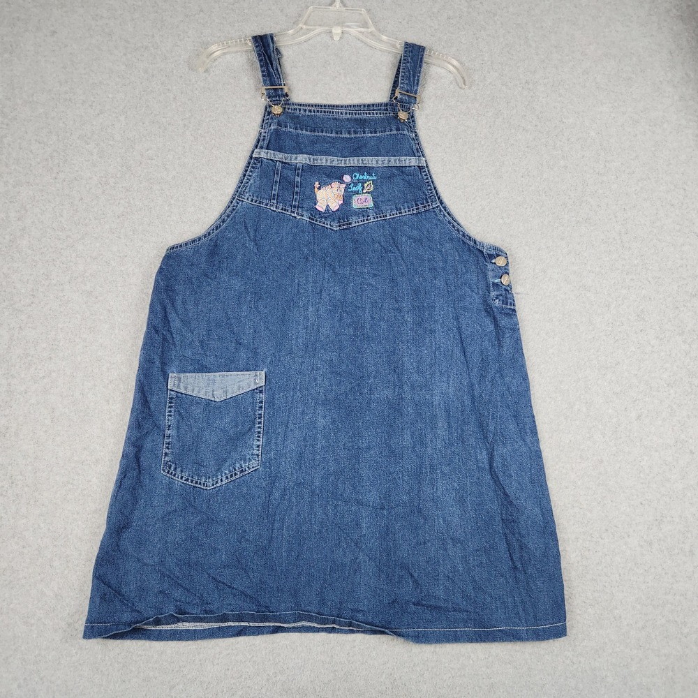 Vintage Marmie Overall Dress Womens L Blue Denim Embroidered Zebra Pinafore Tie